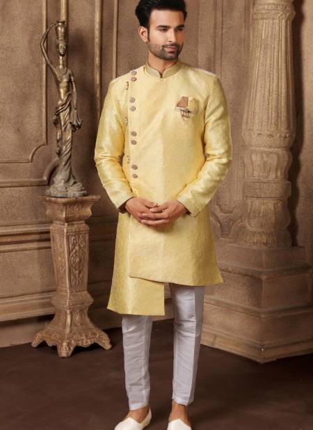 Lemon Yellow Colour Jacquard Silk Digital Print Wedding Wear Indo Western Mens Collection 9237